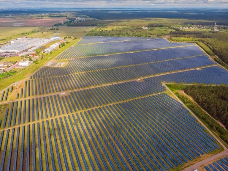 Solar power plant in the field. Aerial view of Solar panels